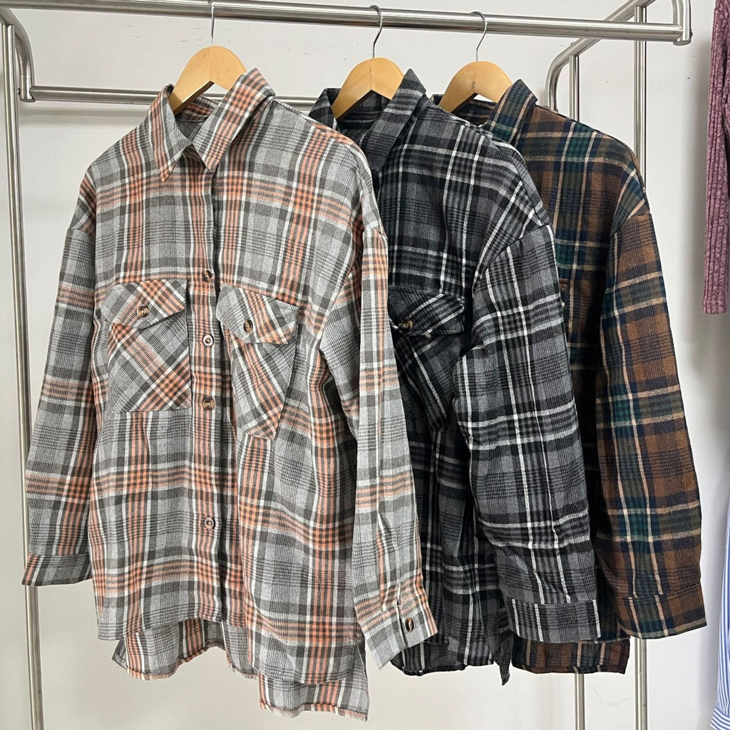 Brushed Plaid Oversized Flannel Shirt - Coffee - 2