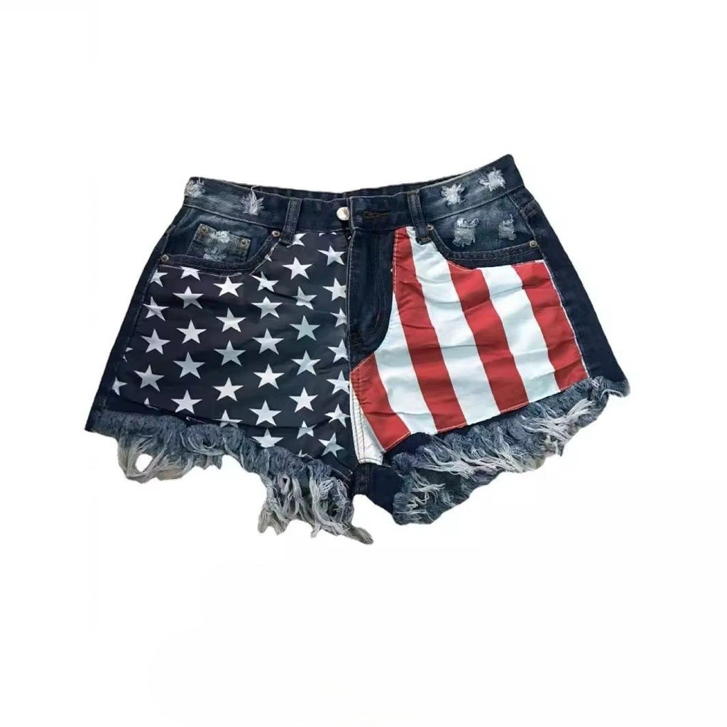 Flag Print Frayed Denim Cutoff Shorts - blue