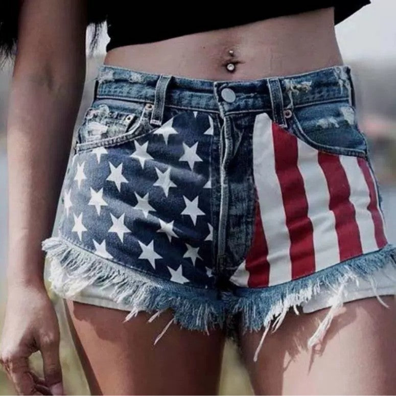 Flag Print Frayed Denim Cutoff Shorts