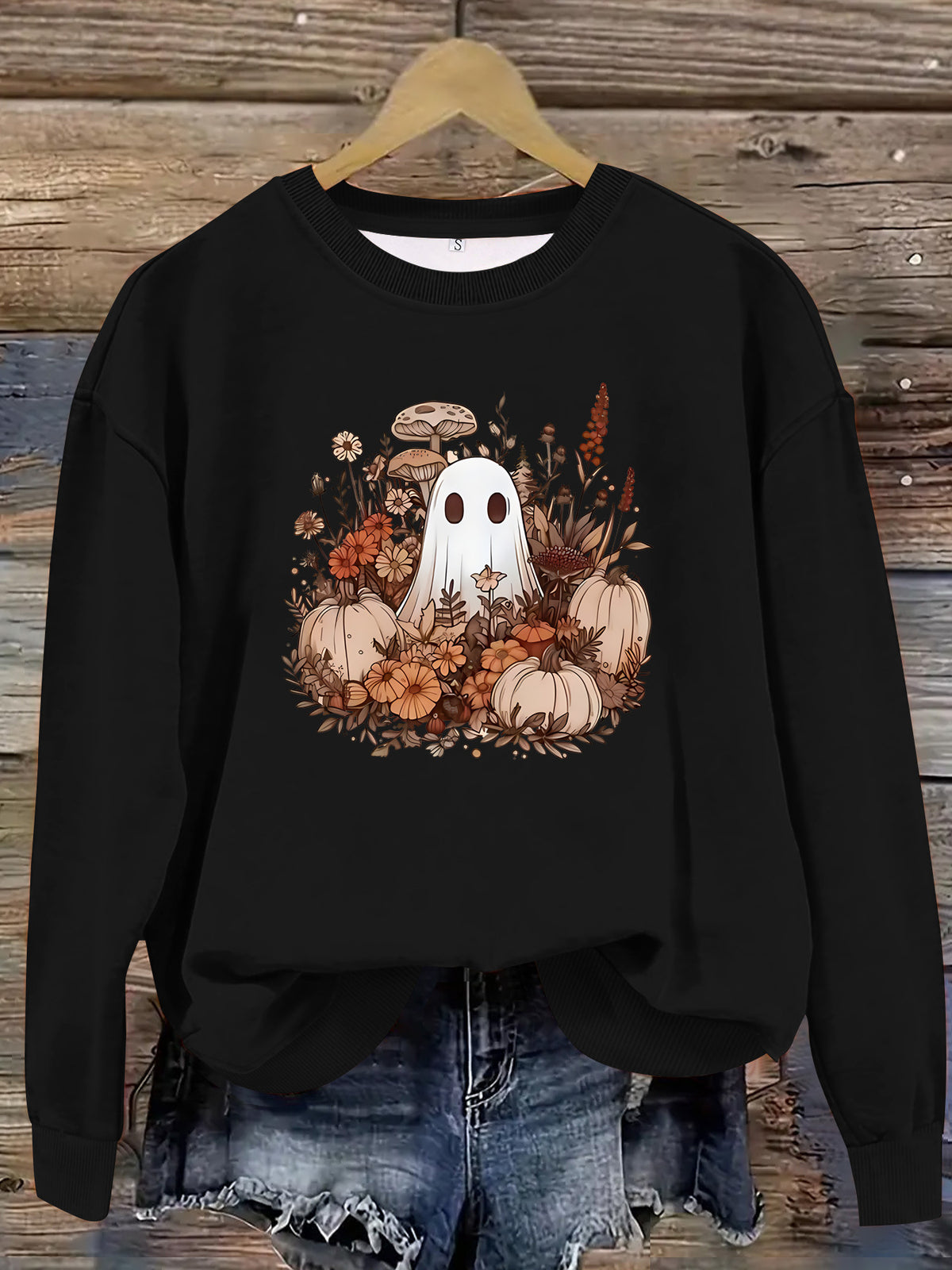 Boho Ghost Pumpkin Floral Sweatshirt - Black