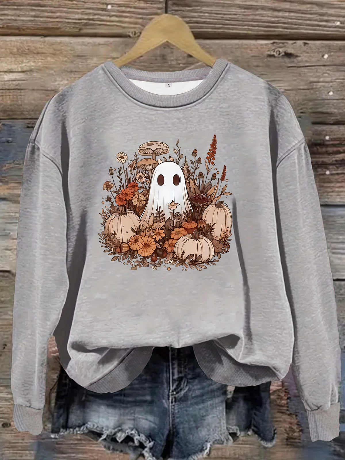 Boho Ghost Pumpkin Floral Sweatshirt - Grey