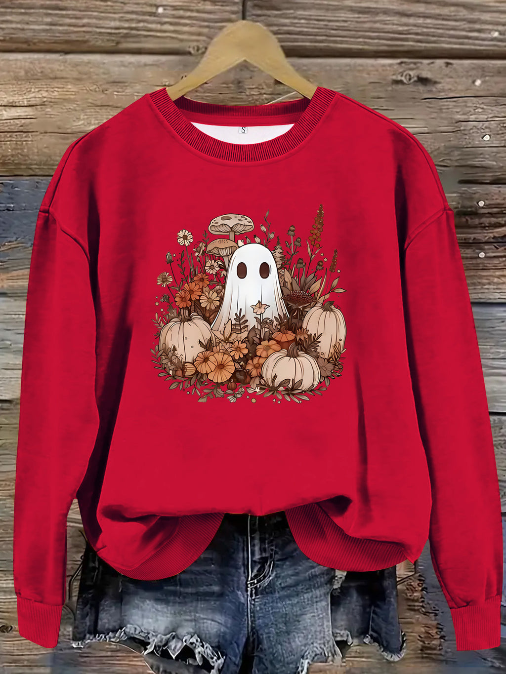 Boho Ghost Pumpkin Floral Sweatshirt - Red