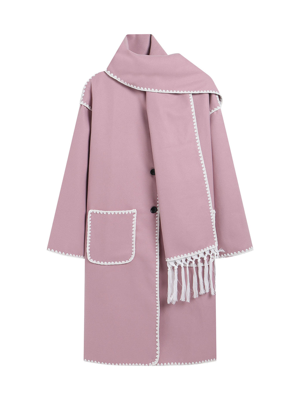 Contrast Stitch Longline Coat With Fringed Scarf - Pink