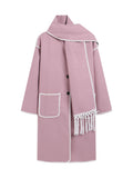 Contrast Stitch Longline Coat With Fringed Scarf - Pink