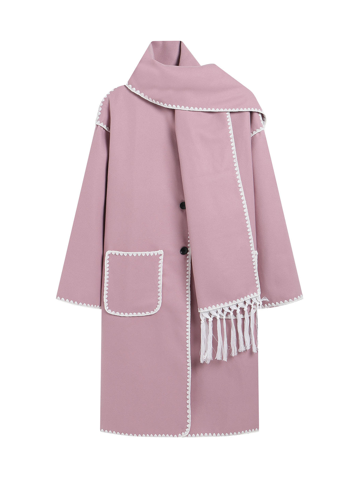 Contrast Stitch Longline Coat With Fringed Scarf - Pink