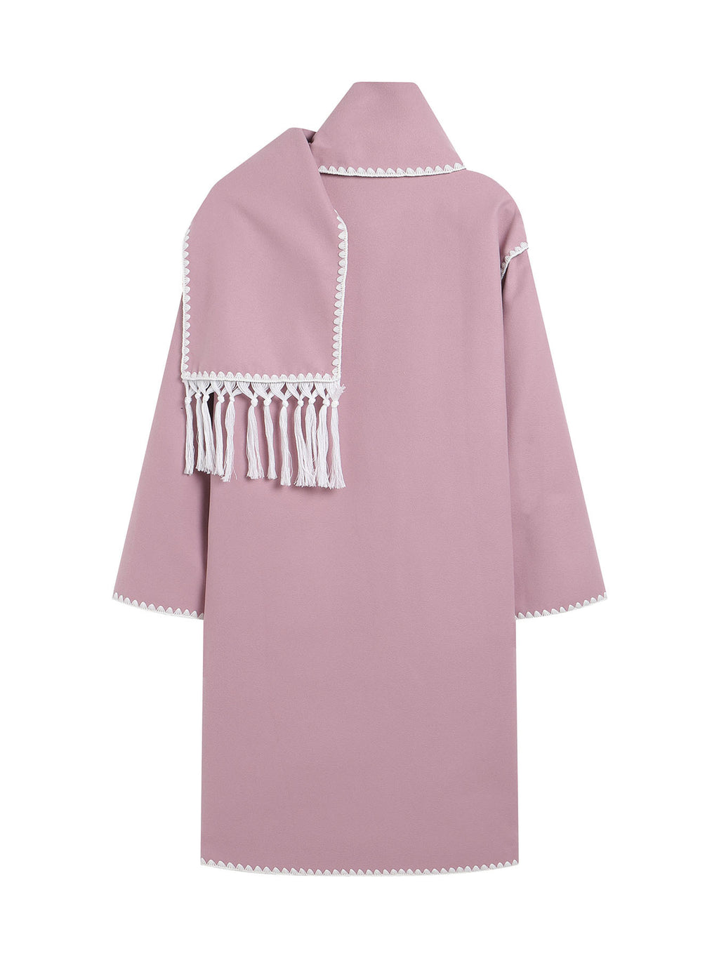 Contrast Stitch Longline Coat With Fringed Scarf - Pink - 1