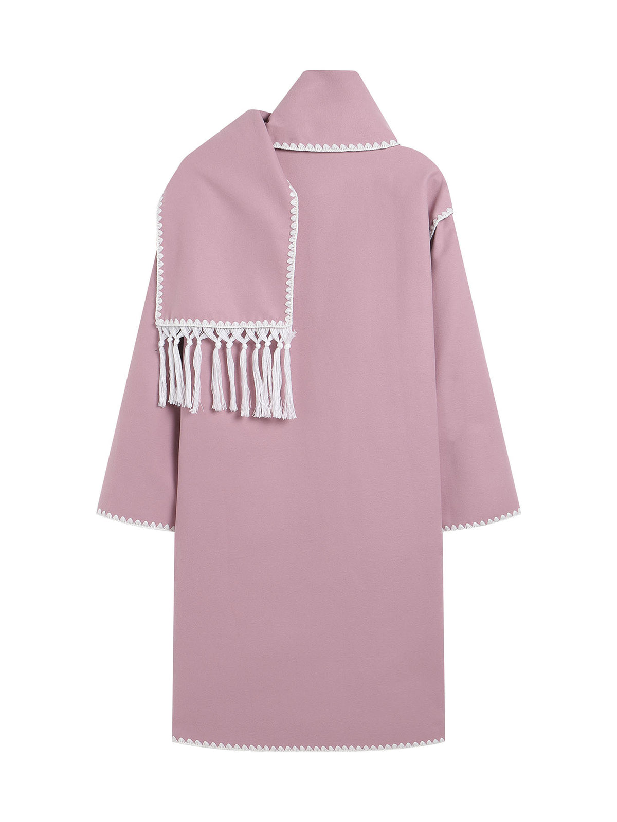 Contrast Stitch Longline Coat With Fringed Scarf - Pink - 1