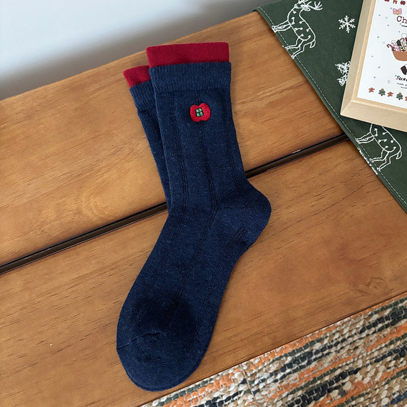 Festive Motif Embroidered Rolled Cuff Crew Socks - Apple