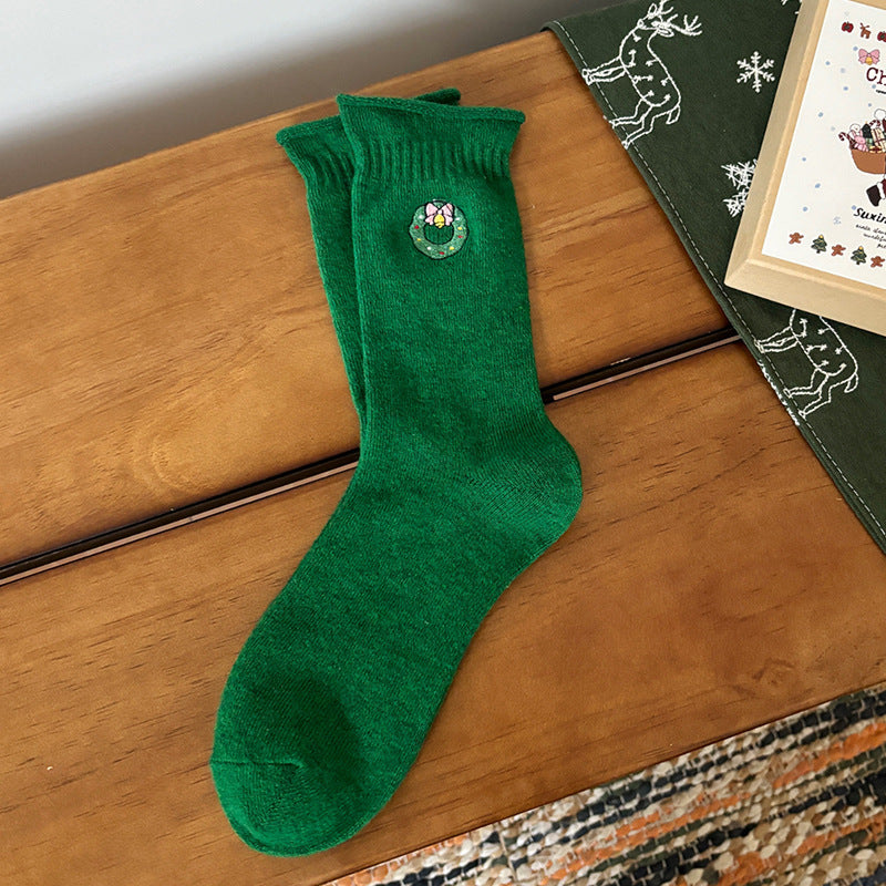 Festive Motif Embroidered Rolled Cuff Crew Socks - Bell