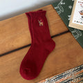 Festive Motif Embroidered Rolled Cuff Crew Socks - Deer