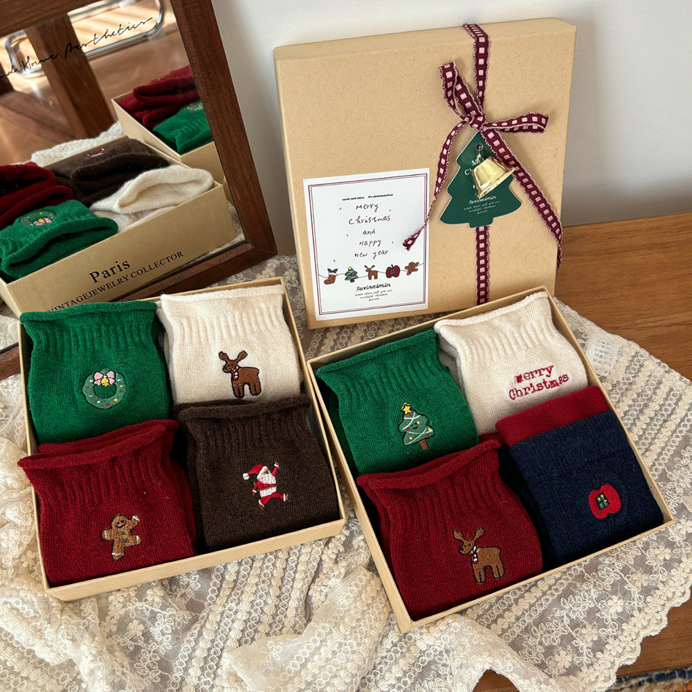 Festive Motif Embroidered Rolled Cuff Crew Socks - Gingerbread - 2