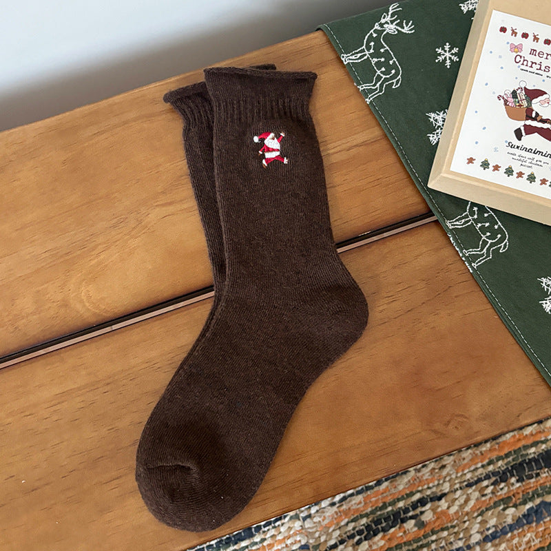 Festive Motif Embroidered Rolled Cuff Crew Socks - Santa
