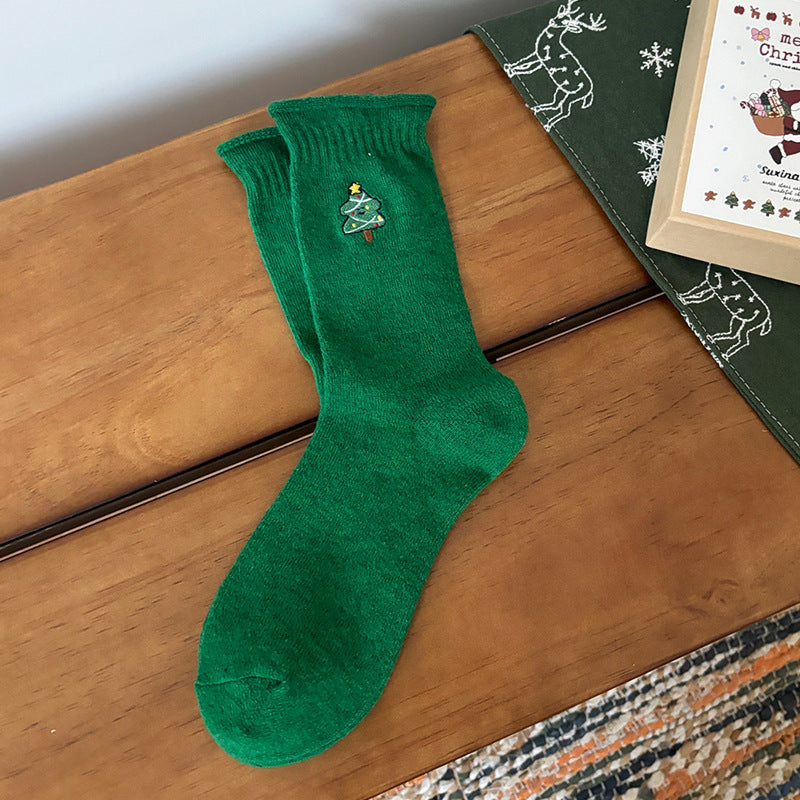 Festive Motif Embroidered Rolled Cuff Crew Socks - Tree