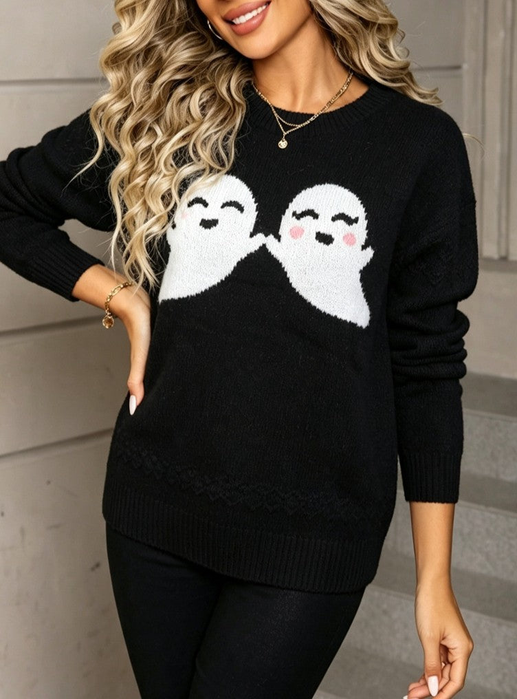Ghost Jacquard Crew Neck Halloween Sweater - Black