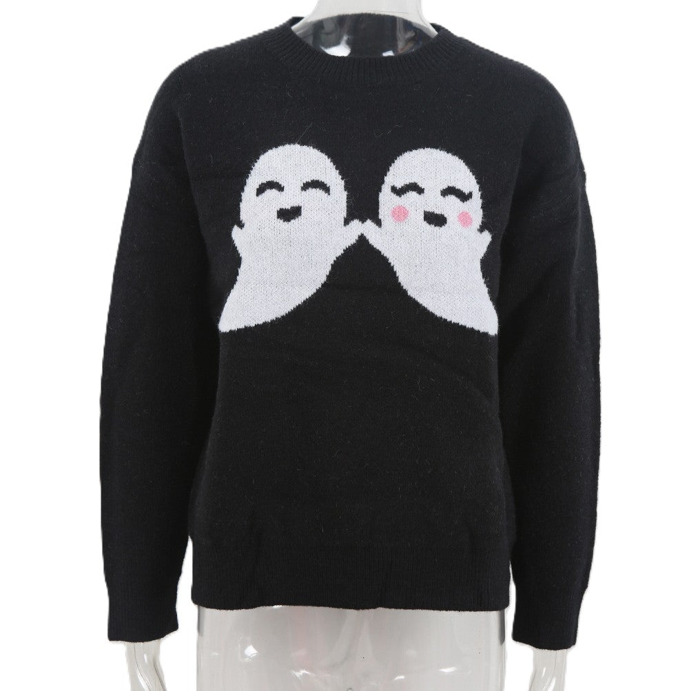Ghost Jacquard Crew Neck Halloween Sweater - Black - 1