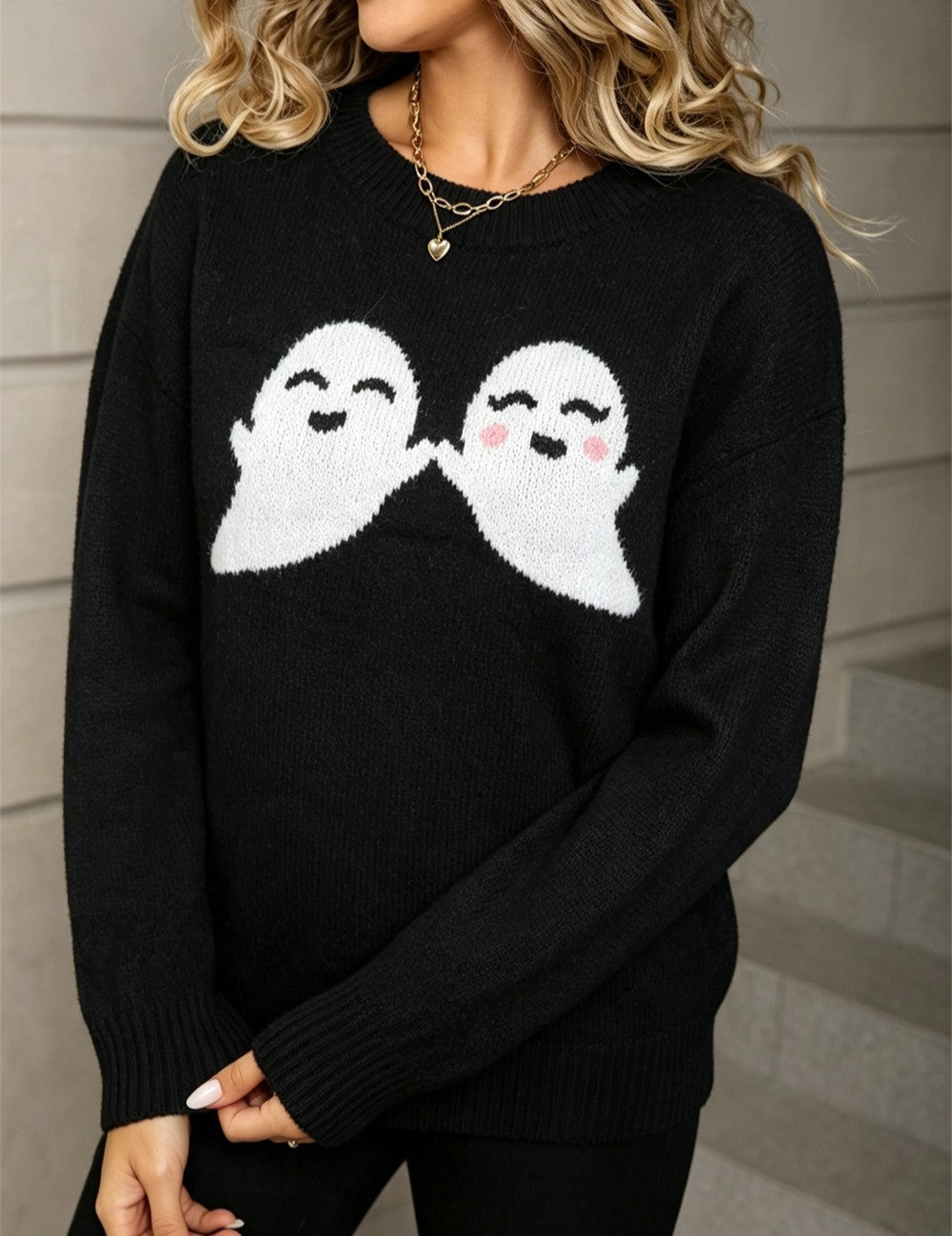 Ghost Jacquard Crew Neck Halloween Sweater - Black - 3