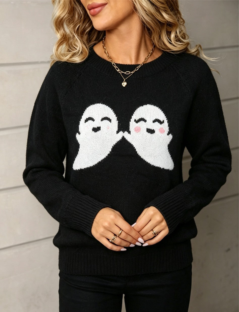 Ghost Jacquard Crew Neck Halloween Sweater - Black - 4