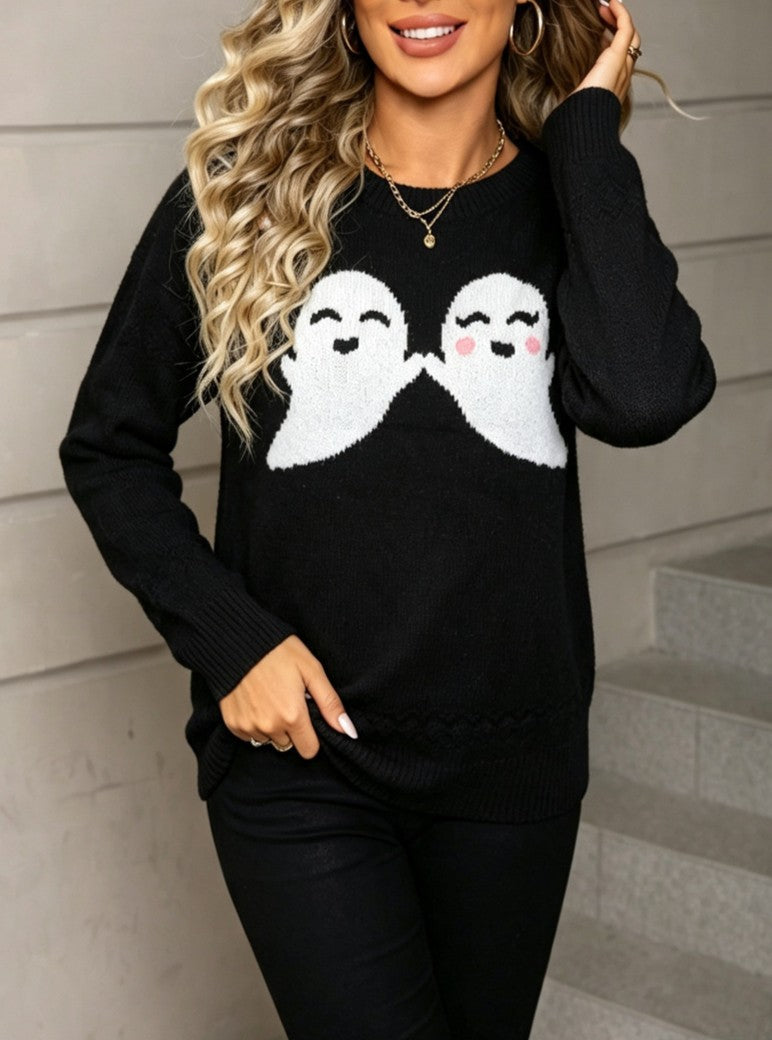 Ghost Jacquard Crew Neck Halloween Sweater - Black - 5