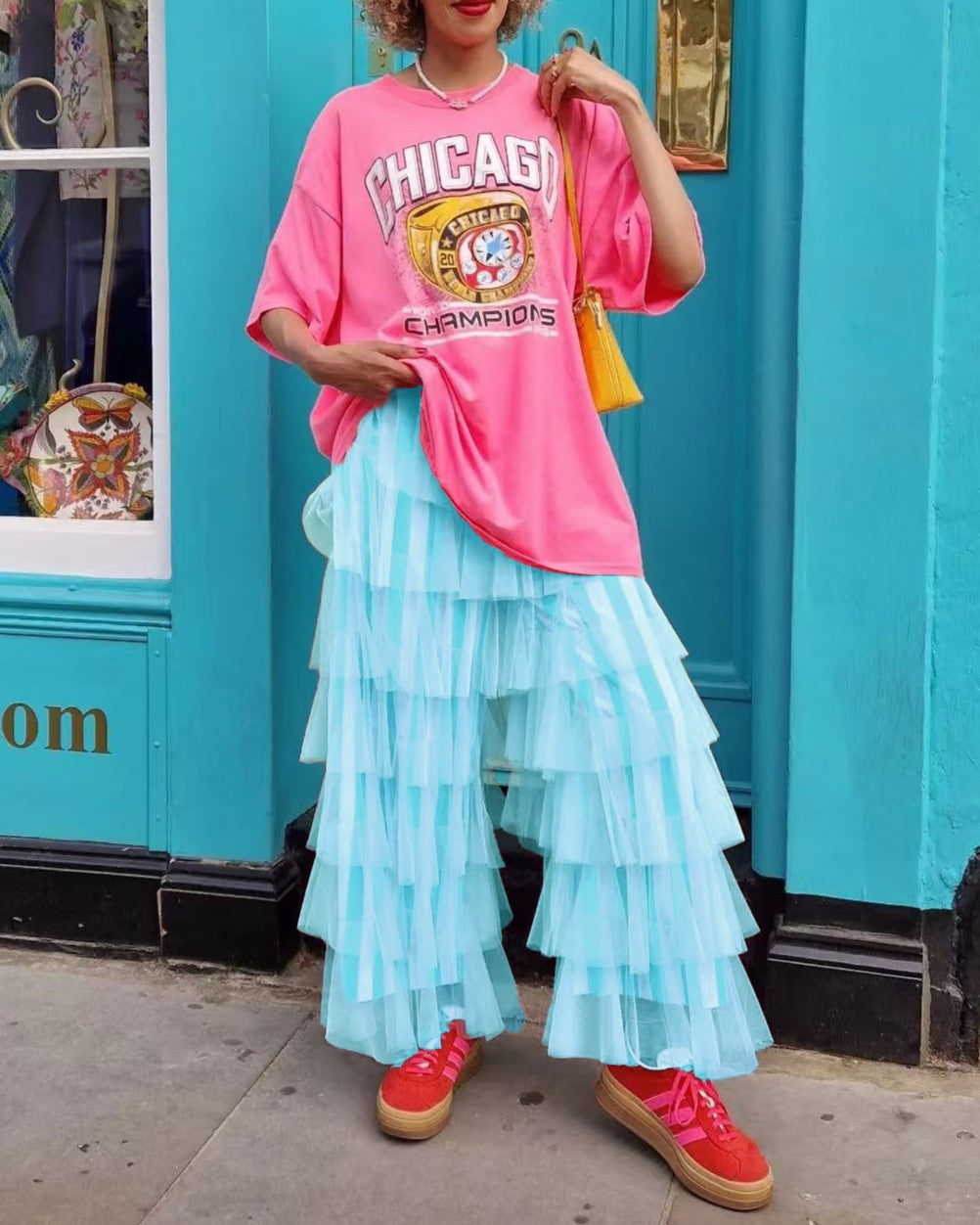 Tiered Ruffle Mesh Wide Leg Trousers - Blue - 1