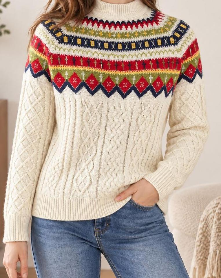 Nordic Fair Isle Yoke Cable Knit Sweater - Apricot