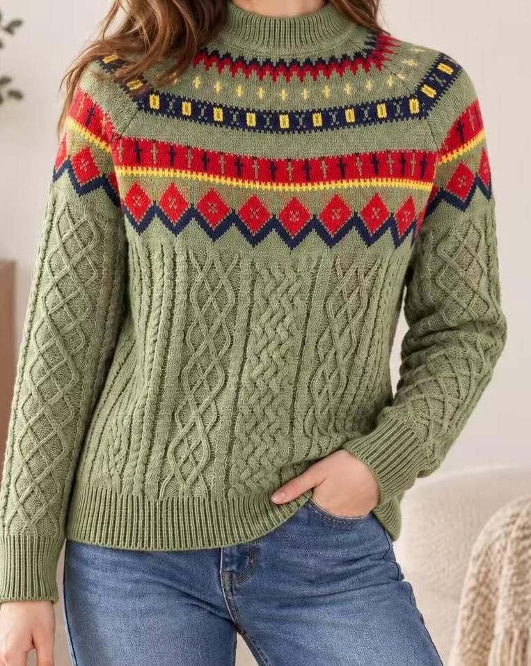Nordic Fair Isle Yoke Cable Knit Sweater - Green