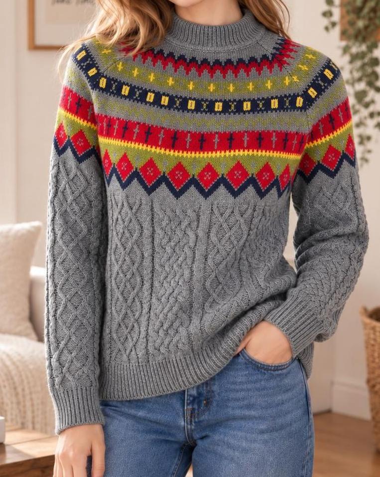 Nordic Fair Isle Yoke Cable Knit Sweater - Grey