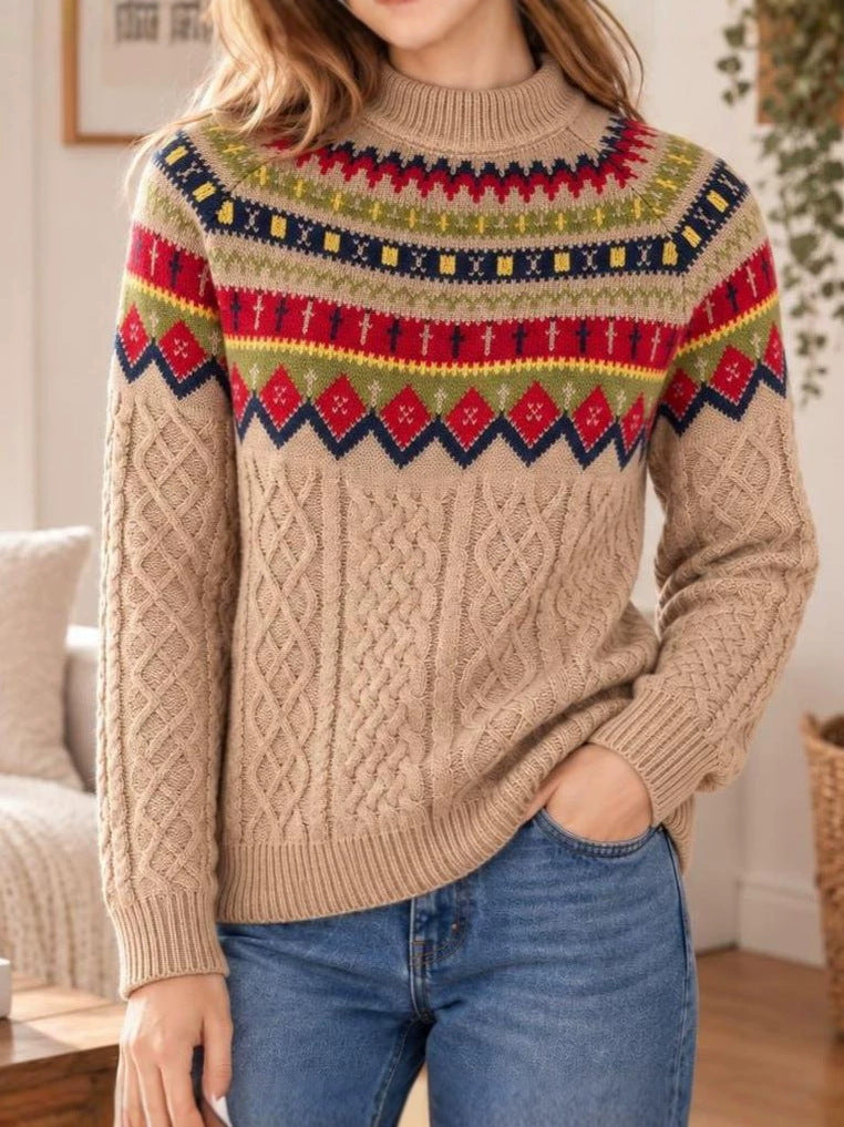 Nordic Fair Isle Yoke Cable Knit Sweater - Khaki