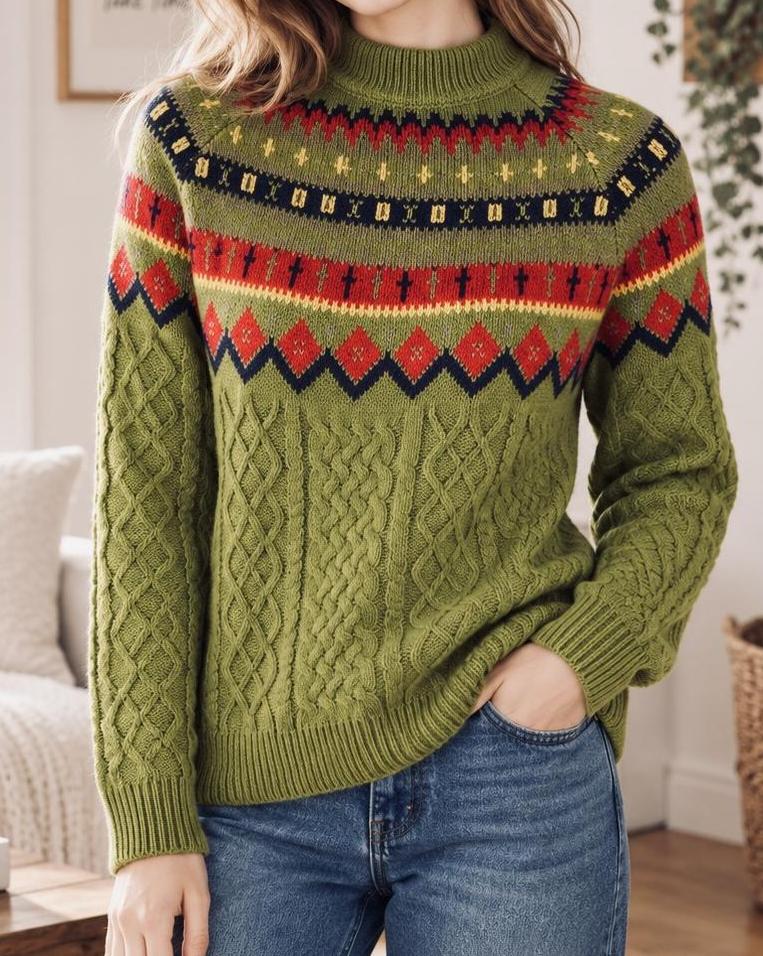 Nordic Fair Isle Yoke Cable Knit Sweater - Olive