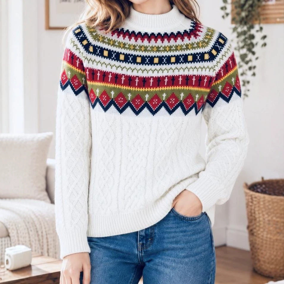 Nordic Fair Isle Yoke Cable Knit Sweater - White
