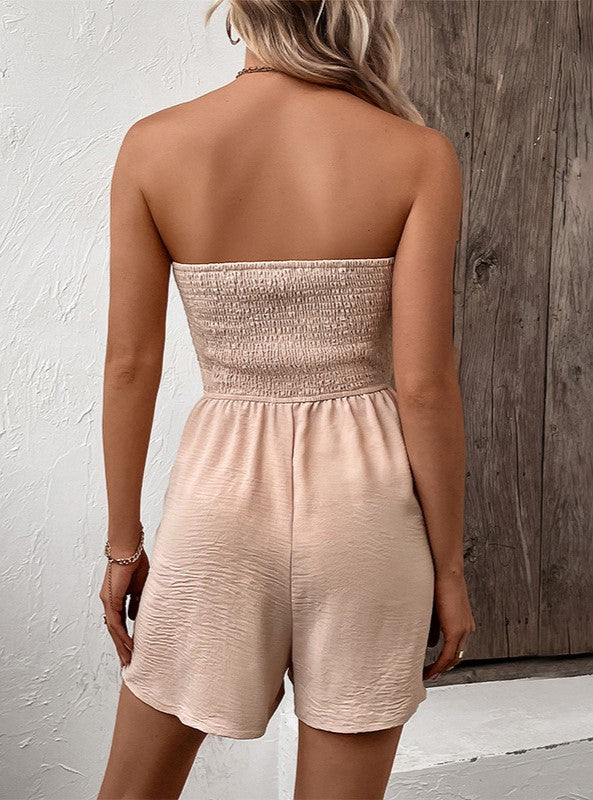 Smocked Bandeau Drawstring Waist Romper - Apricot - 2