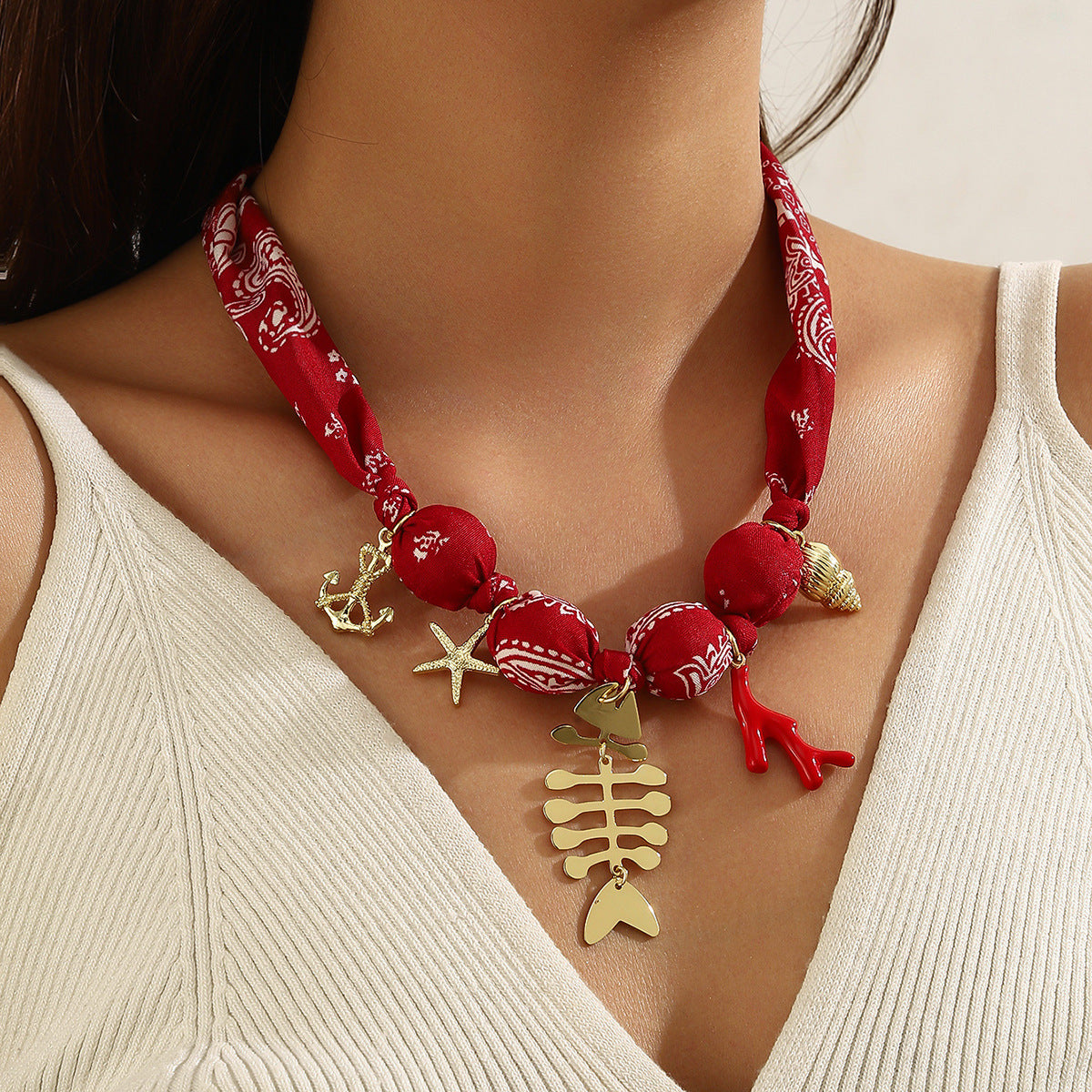 Coastal Ceramic Fish & Starfish Shell Charm Necklace