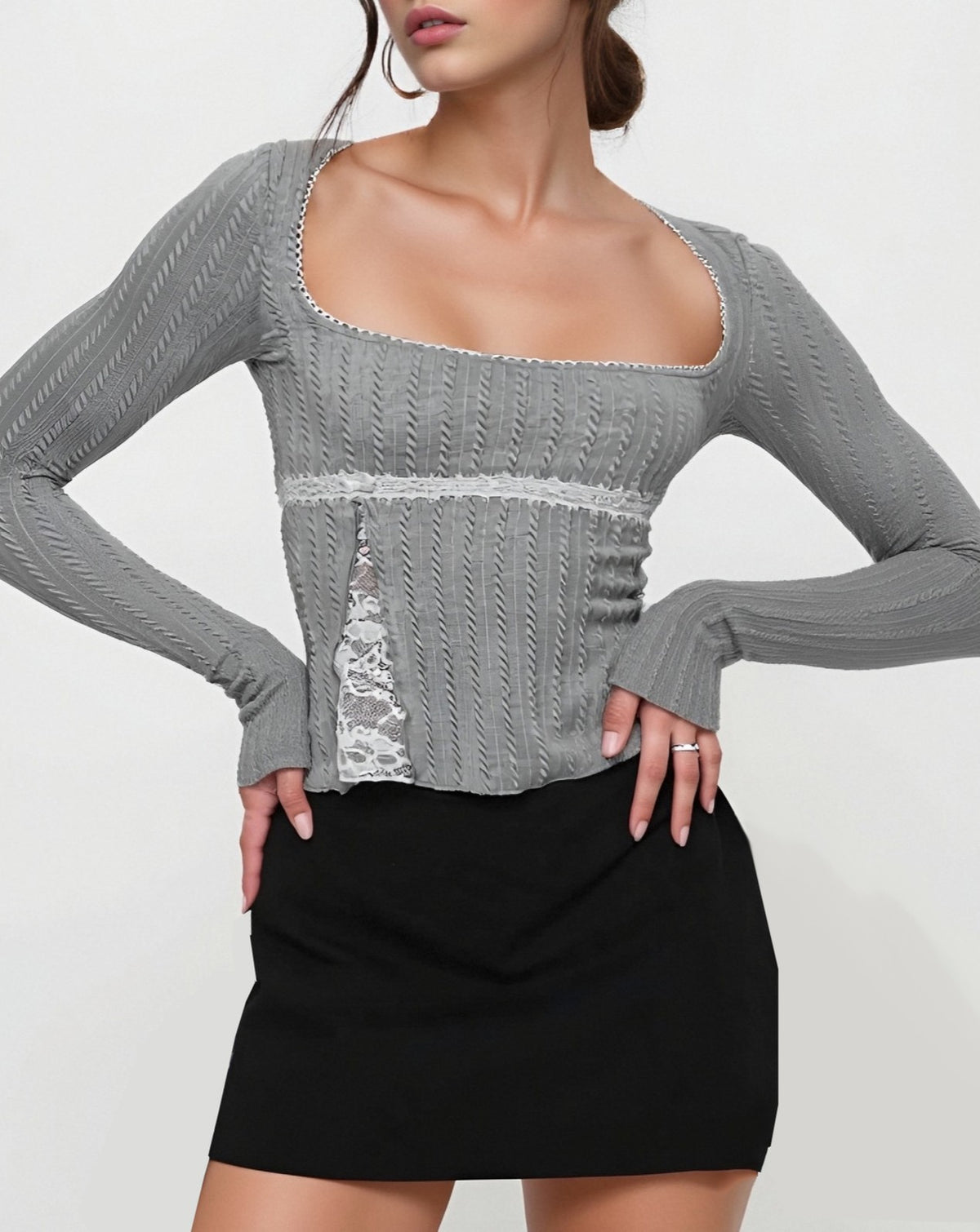 Square Neck Ribbed Knit Top With Lace Trim - Grey