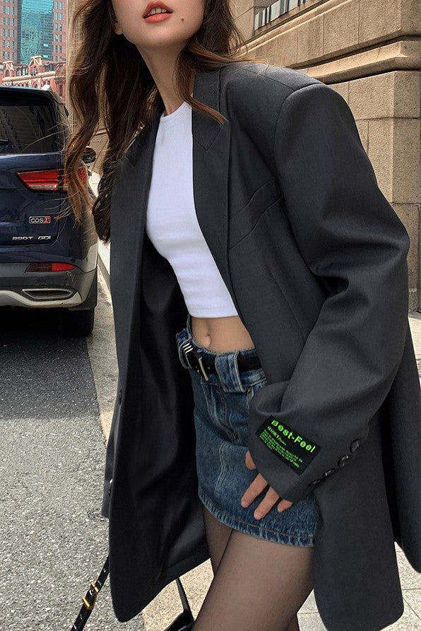 Oversized Notch Lapel Boyfriend Blazer - Black - 1