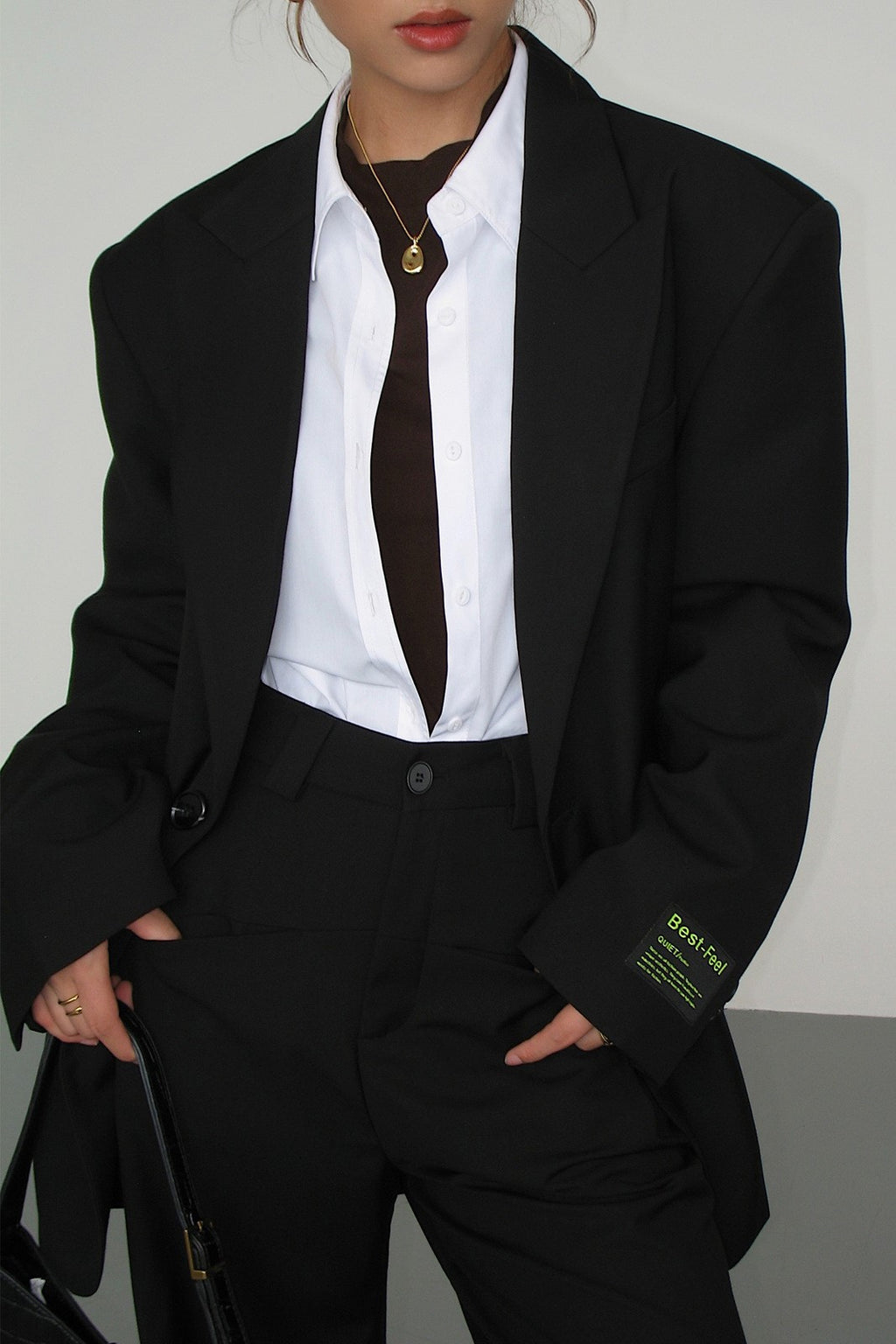 Oversized Notch Lapel Boyfriend Blazer - Black - 3