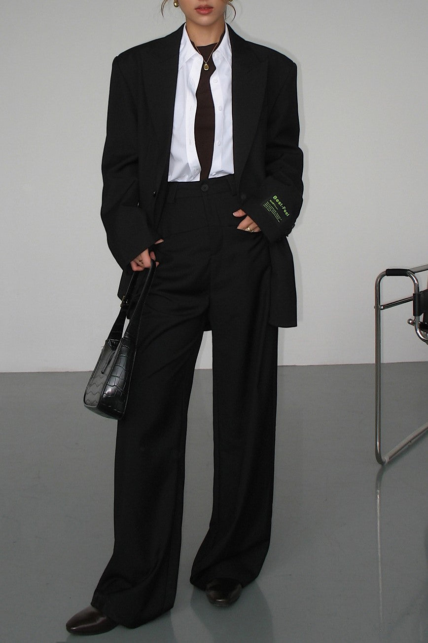 Oversized Notch Lapel Boyfriend Blazer - Black - 4