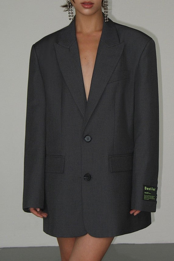 Oversized Notch Lapel Boyfriend Blazer - Grey - 4