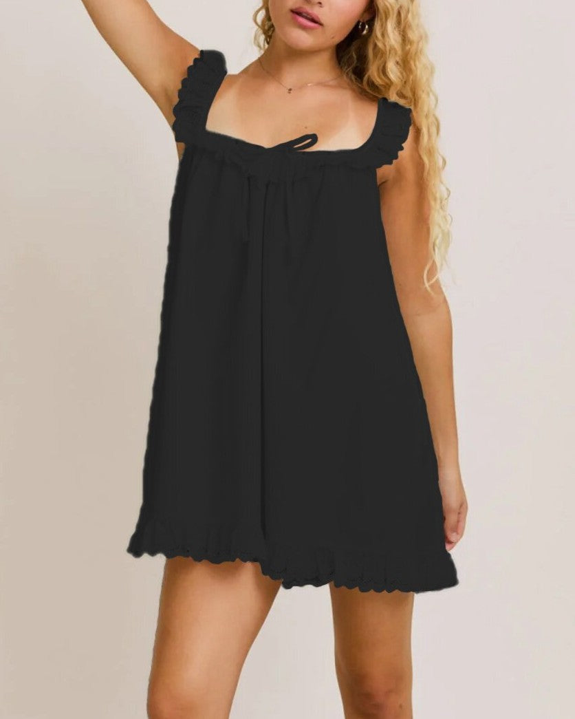 Ruffle Trim Babydoll Swing Mini Dress - Black