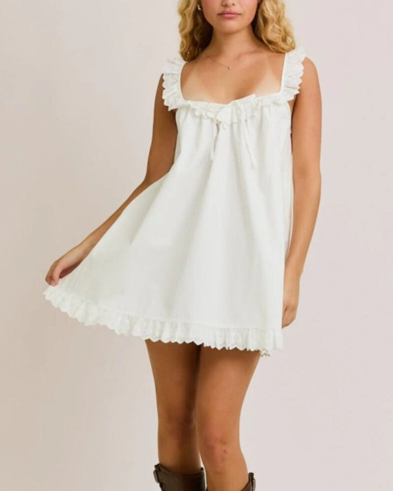 Ruffle Trim Babydoll Swing Mini Dress - White - 1