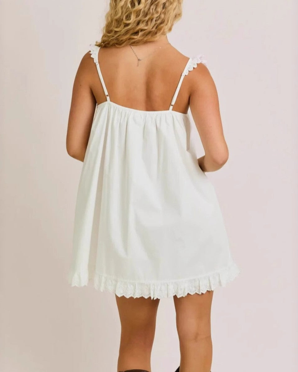 Ruffle Trim Babydoll Swing Mini Dress - White - 2