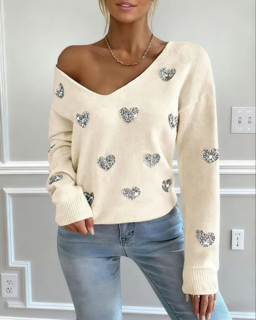Sequin Heart V-Neck Pullover Sweater - Apricot