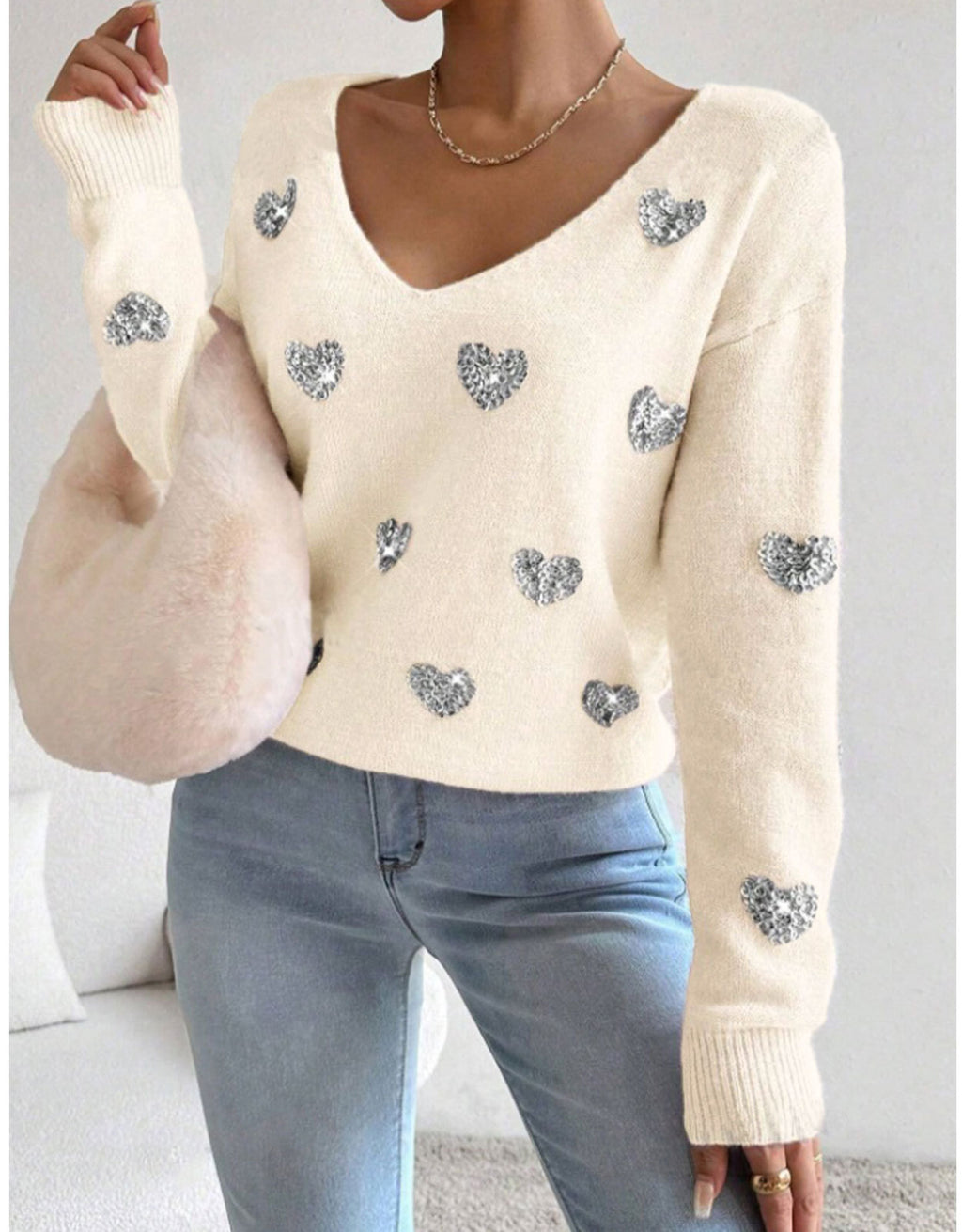 Sequin Heart V-Neck Pullover Sweater - Apricot - 1