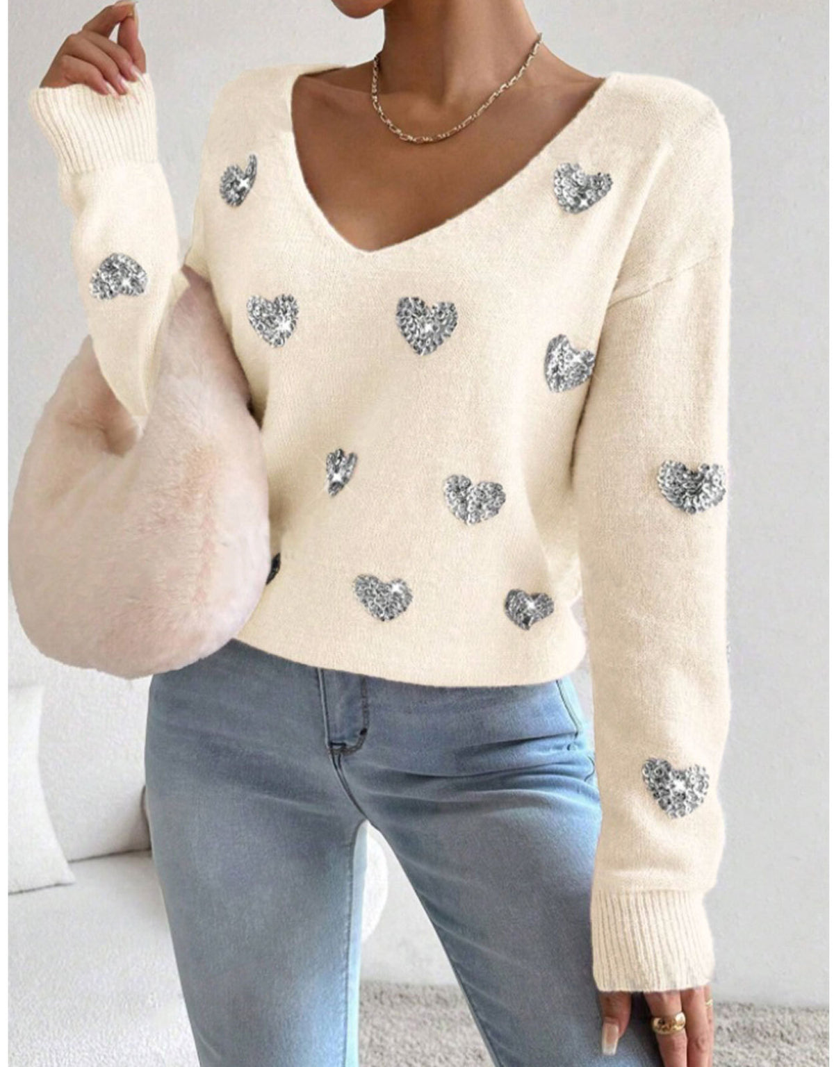 Sequin Heart V-Neck Pullover Sweater - Apricot - 1
