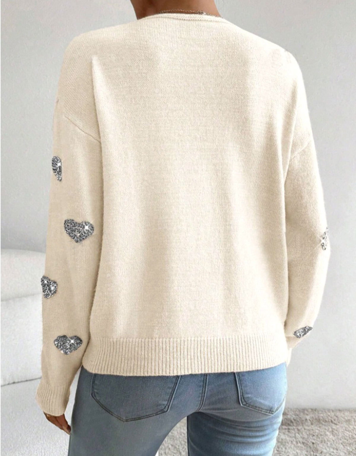 Sequin Heart V-Neck Pullover Sweater - Apricot - 2