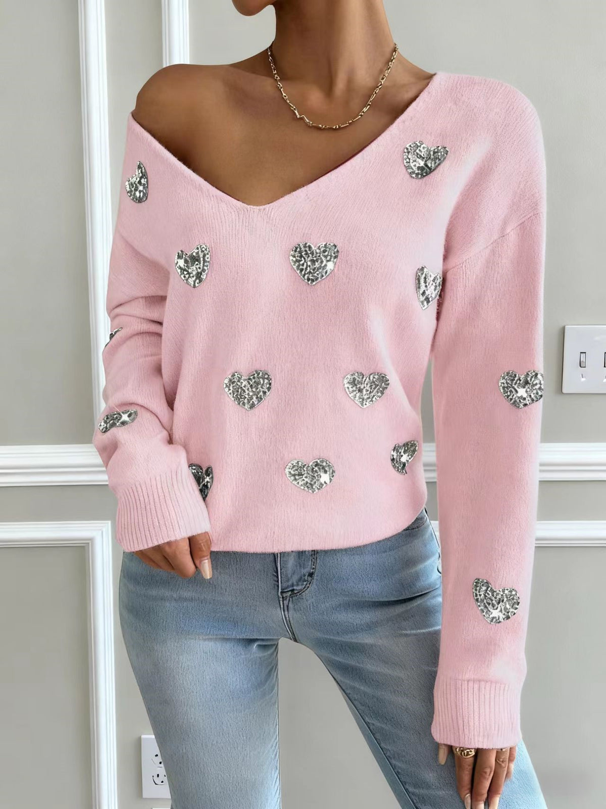 Sequin Heart V-Neck Pullover Sweater - Pink - 1