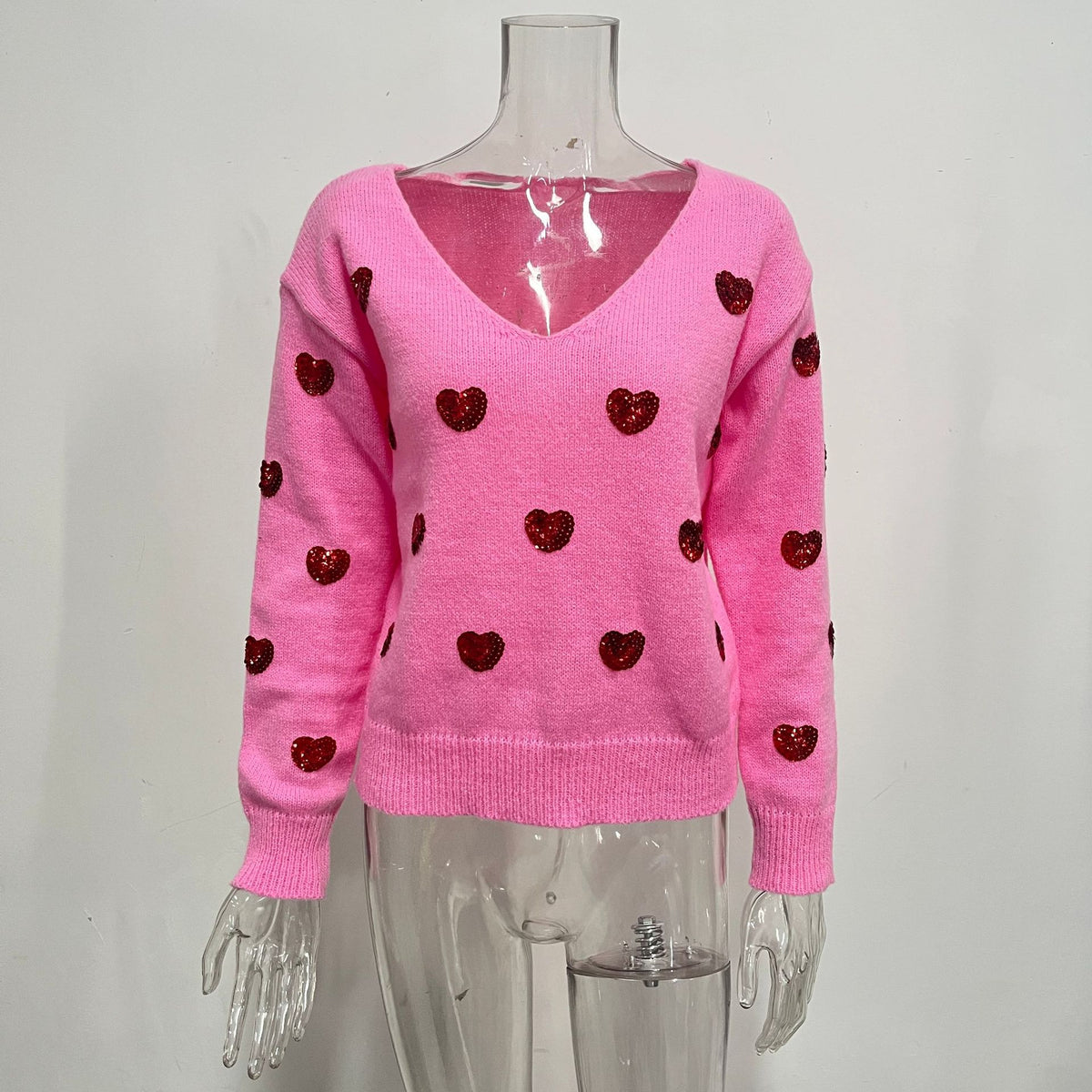 Sequin Heart V-Neck Pullover Sweater - RoseRed