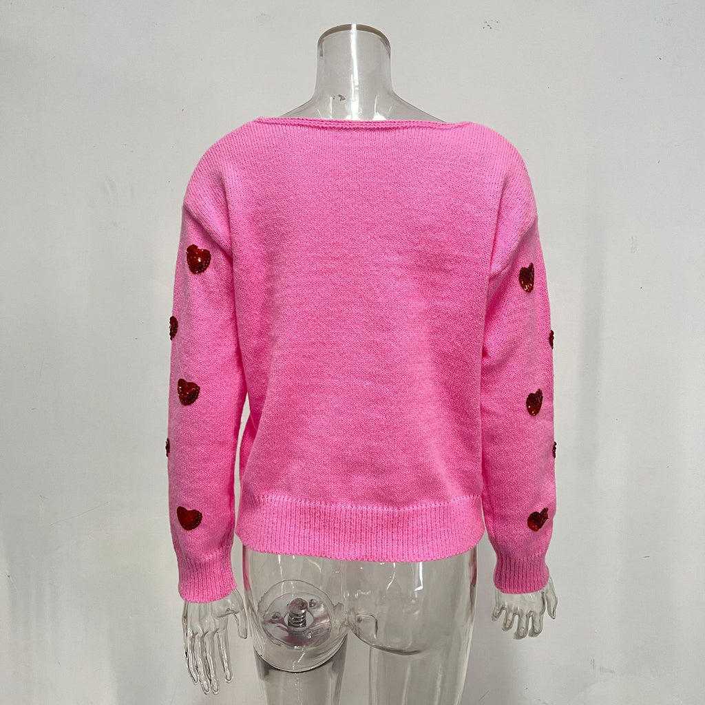 Sequin Heart V-Neck Pullover Sweater - RoseRed - 1