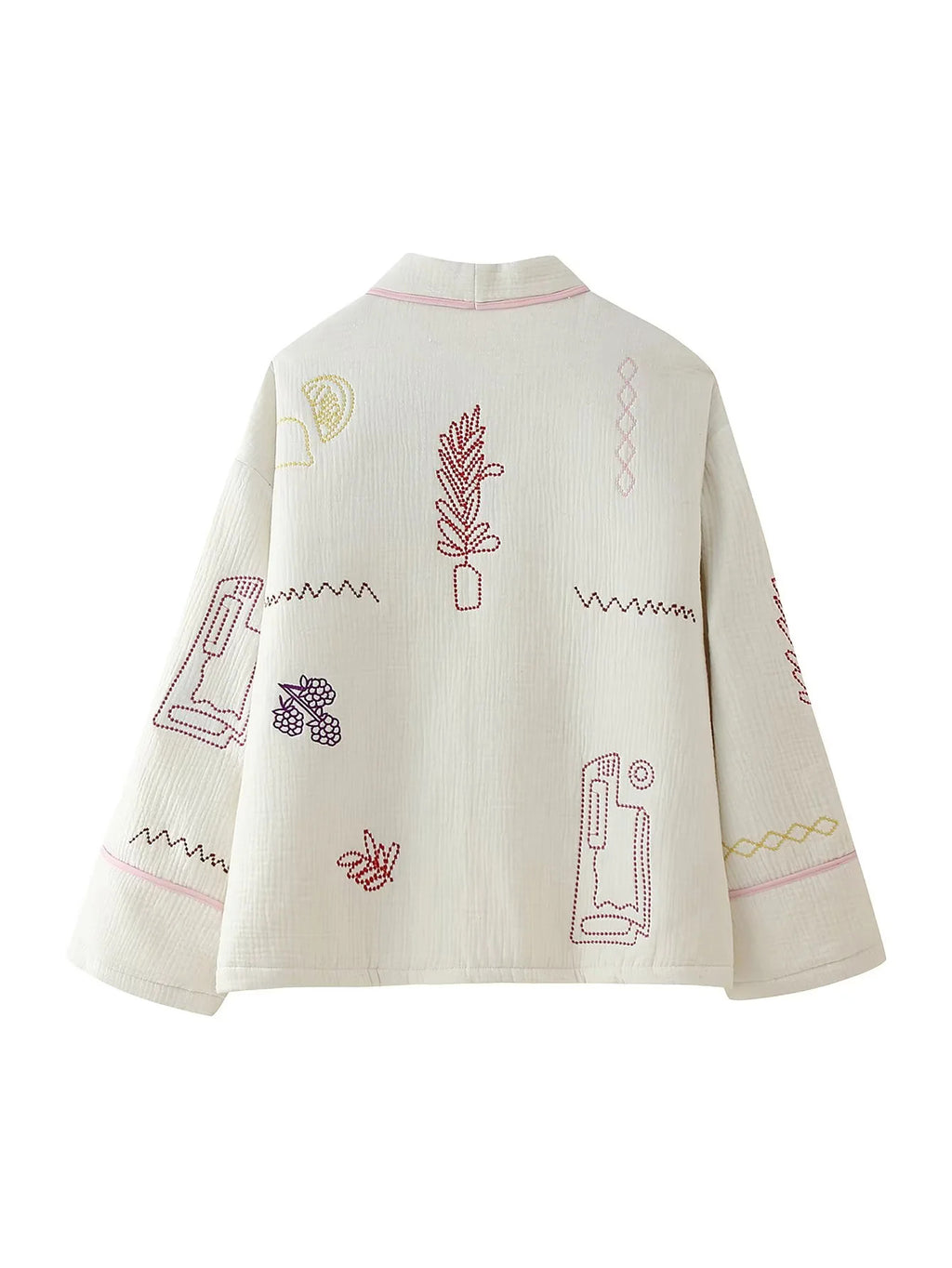 Embroidered Open Front Cotton Kimono Jacket - White