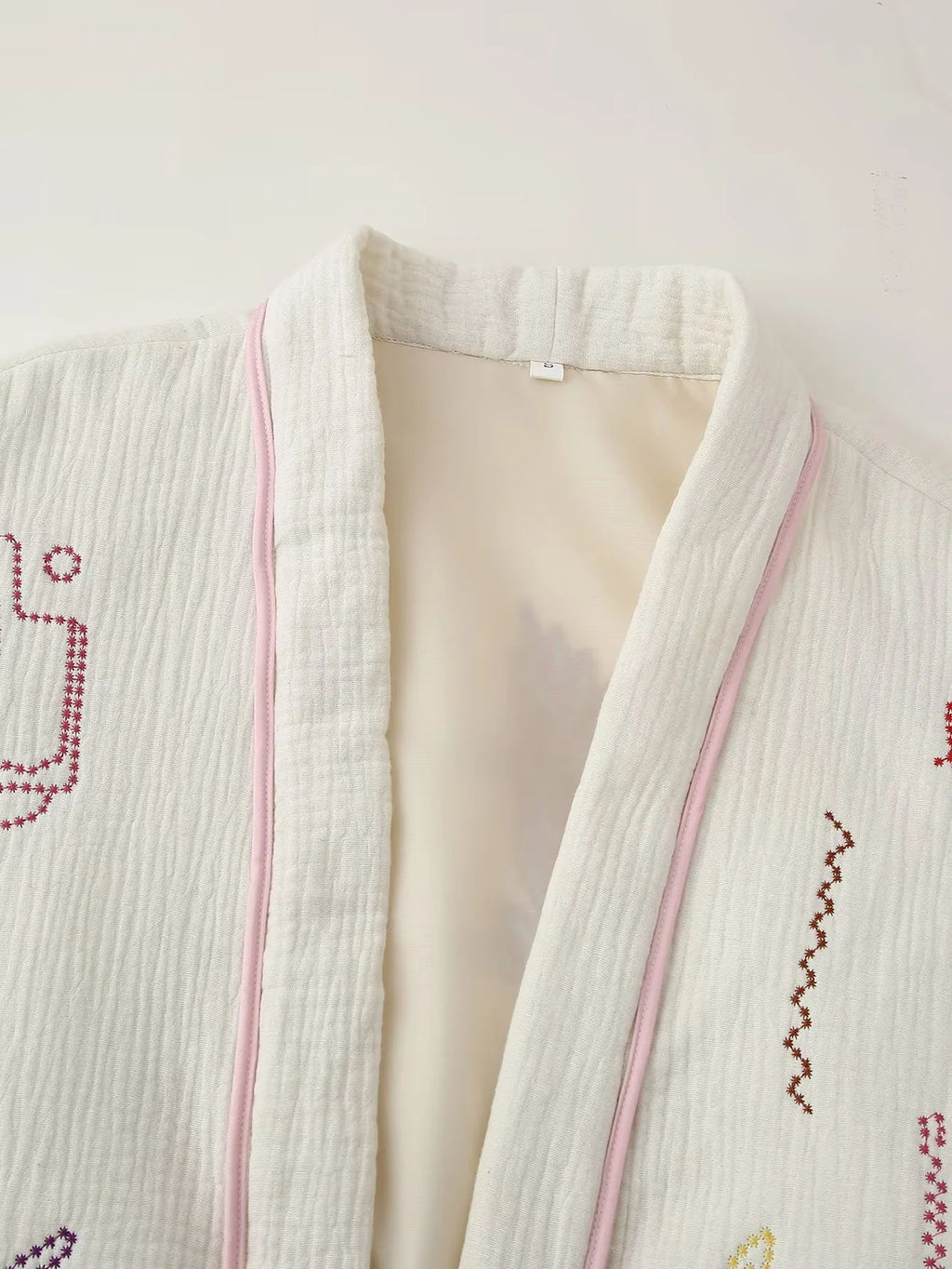 Embroidered Open Front Cotton Kimono Jacket - White - 1