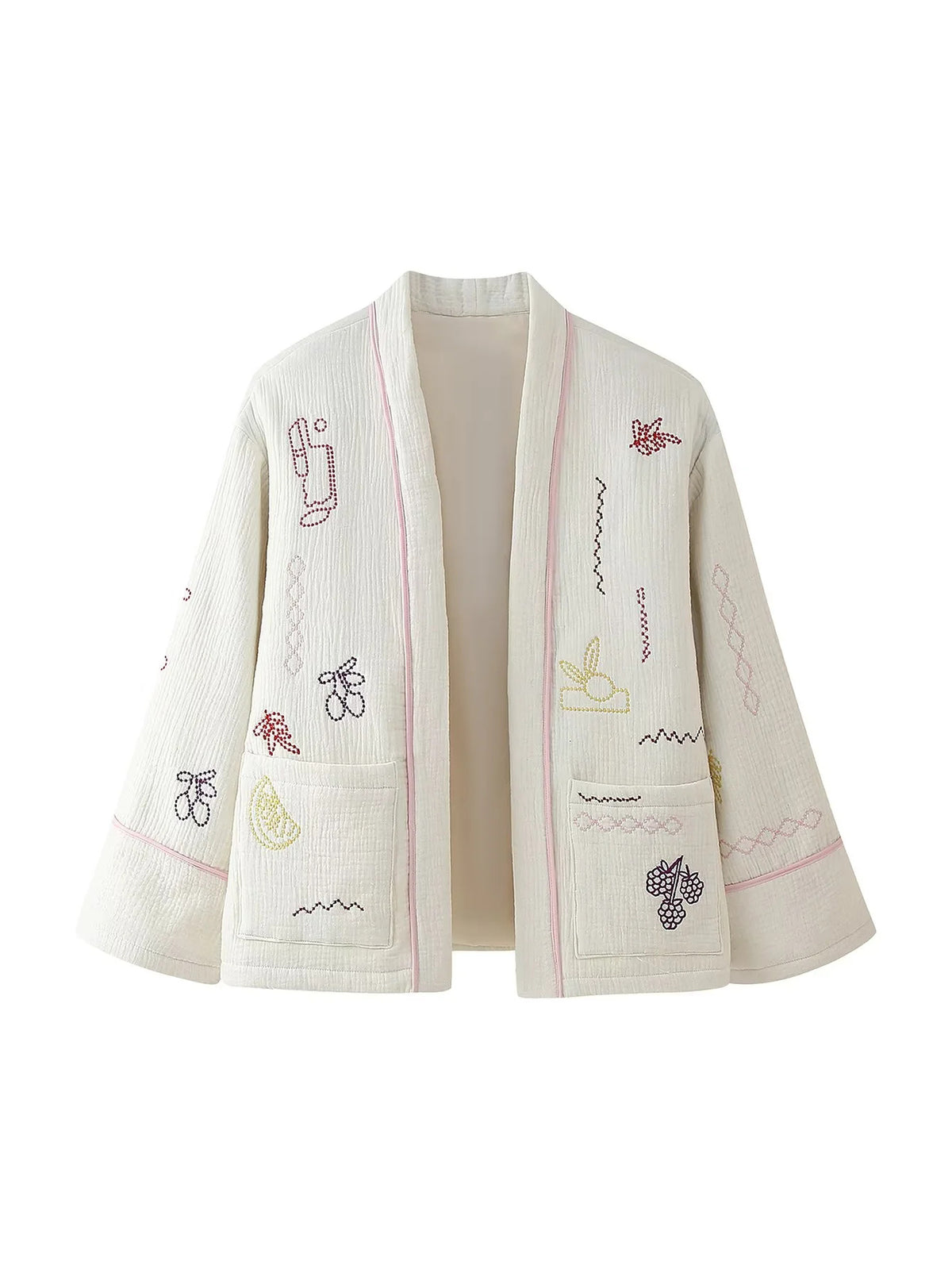 Embroidered Open Front Cotton Kimono Jacket