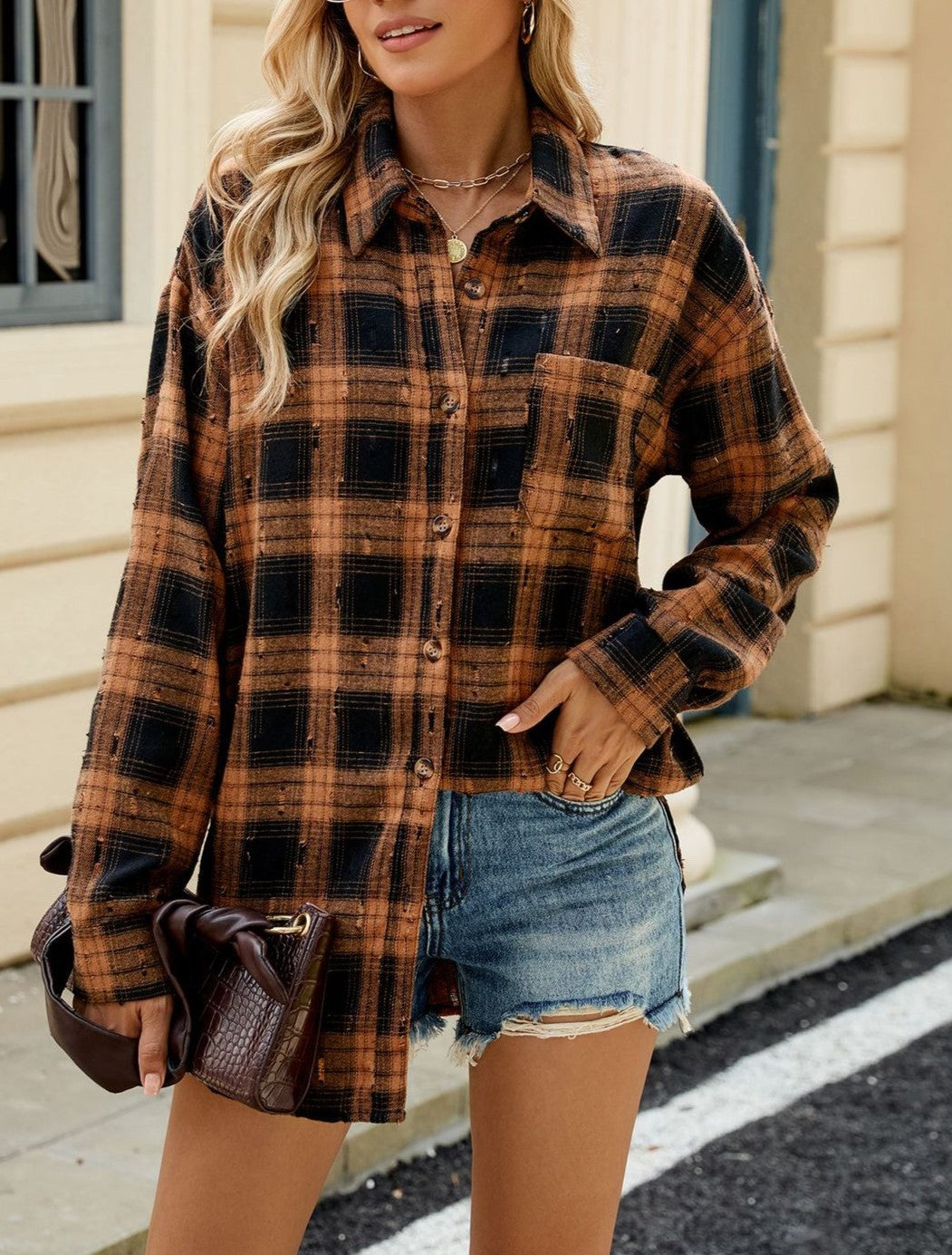 Longline Plaid Flannel Shirt With Chest Pocket - Yellow